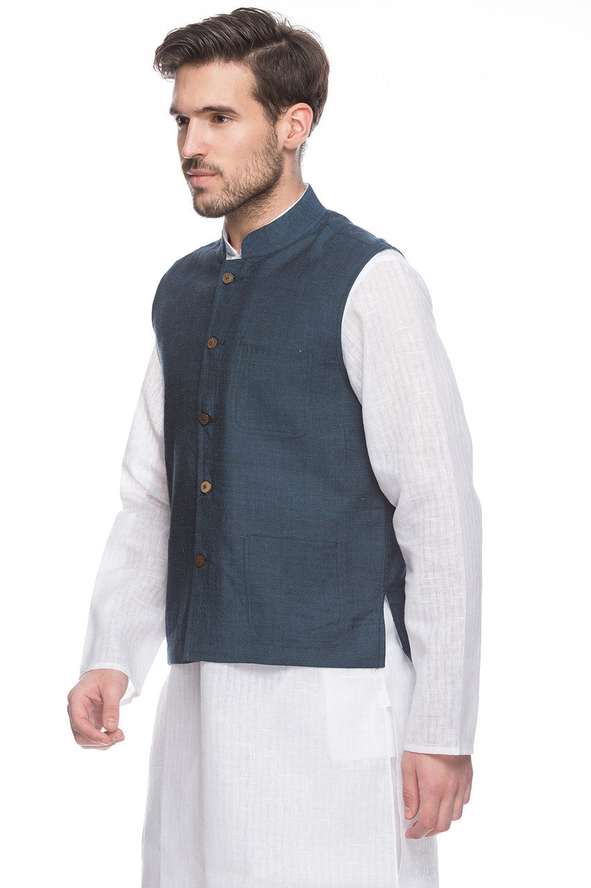 Angled front view of men's blue Mandarin collar button-down vest, highlighting classic premium wedding guest style.