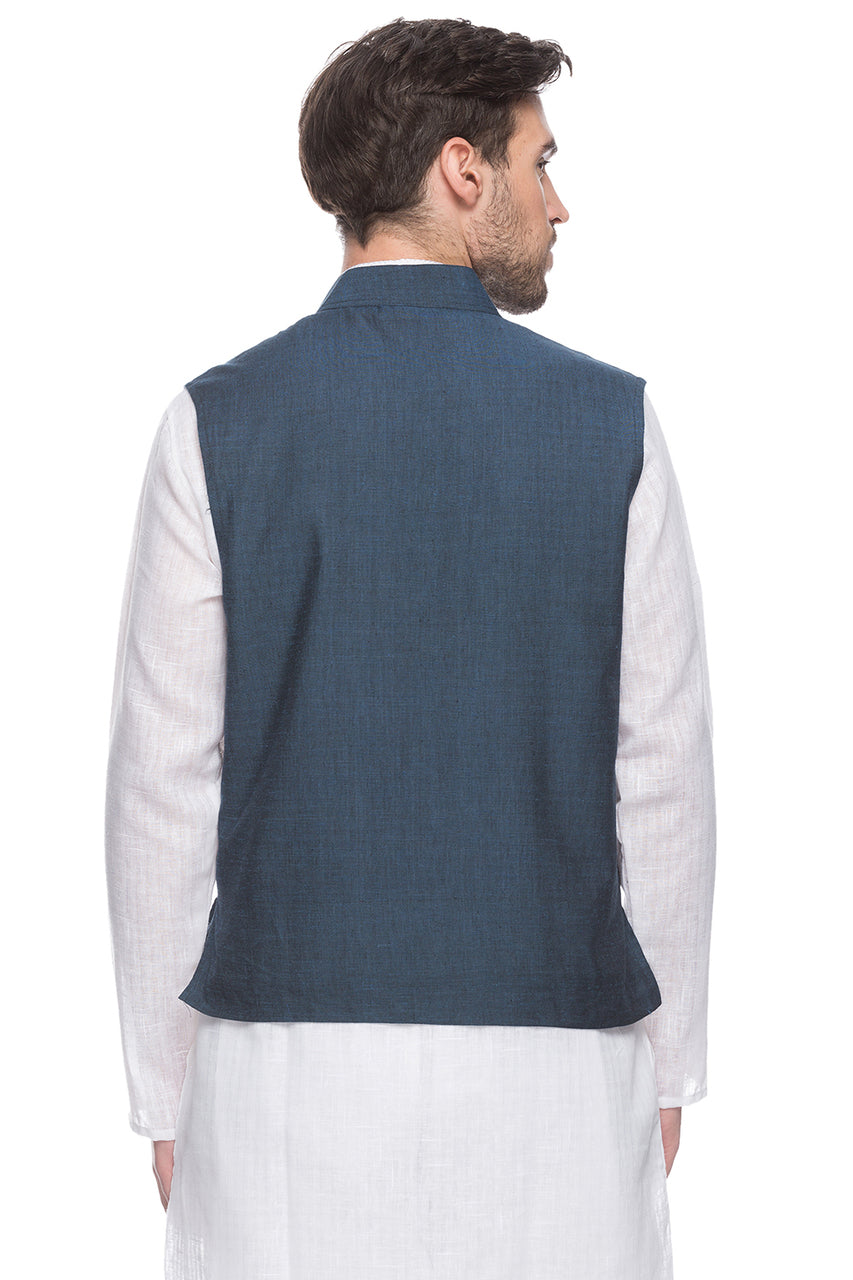 Back view of men's blue Mandarin collar button-down vest, highlighting classic premium wedding guest style.