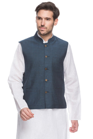 Front view of Shatranj men's blue Mandarin collar button-down vest, highlighting classic premium wedding guest style.