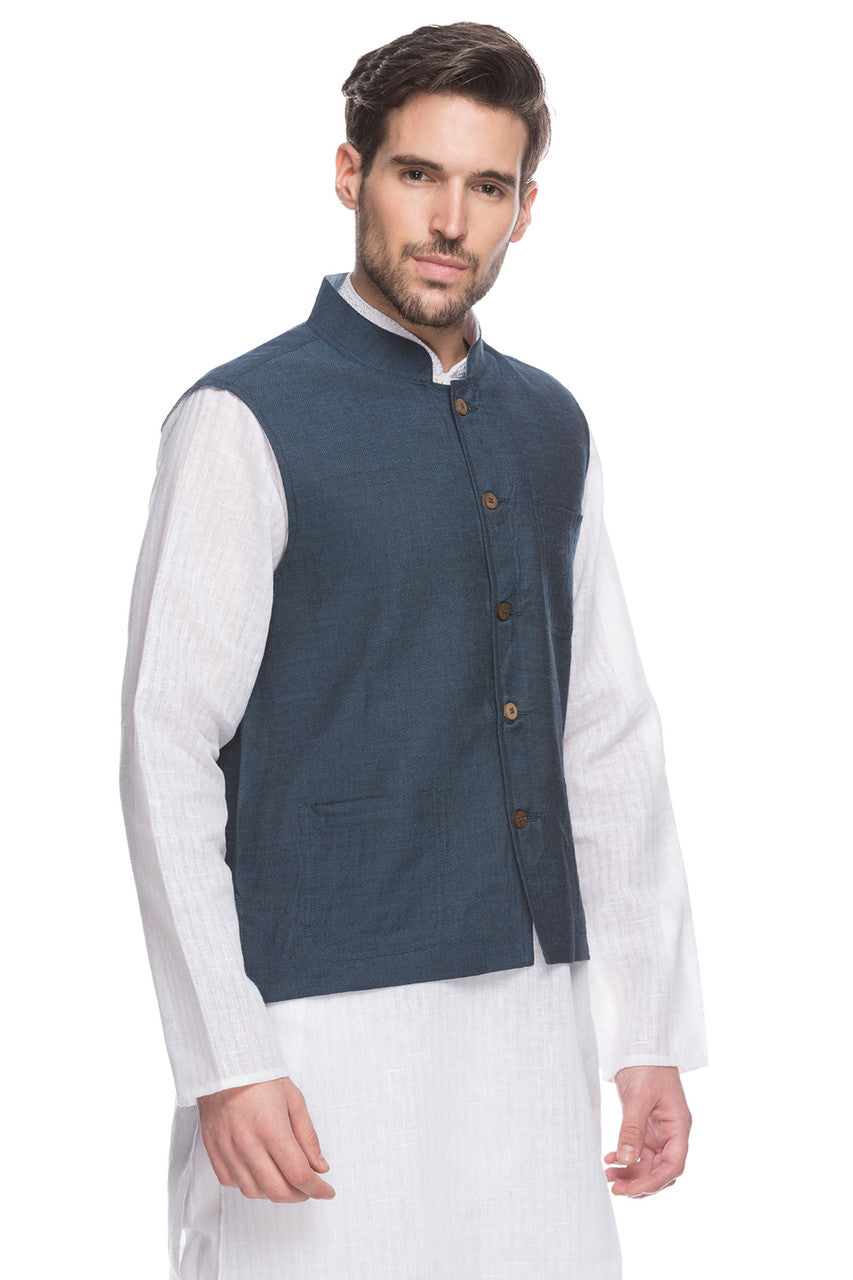 Side profile of men's blue Mandarin collar button-down vest, highlighting classic premium wedding guest style.