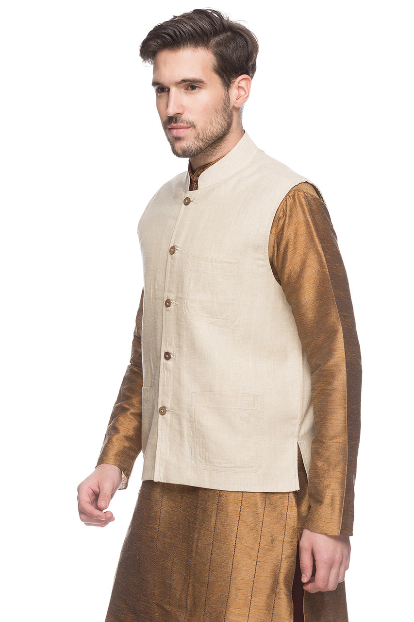 Angled front view of men's natural-tone Mandarin collar vest, highlighting wedding guest style with ethnic details.