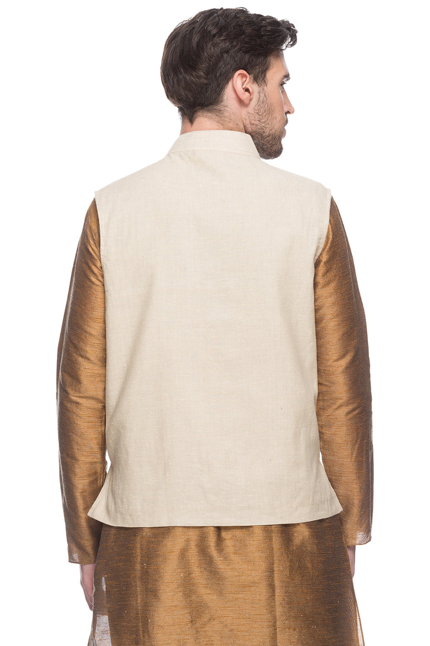 Back view of men's natural-tone Mandarin collar vest, highlighting wedding guest style with ethnic details.