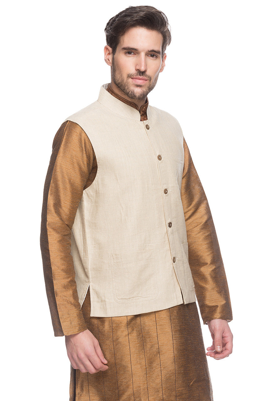 Side profile of men's natural-tone Mandarin collar vest, highlighting wedding guest style with ethnic details.