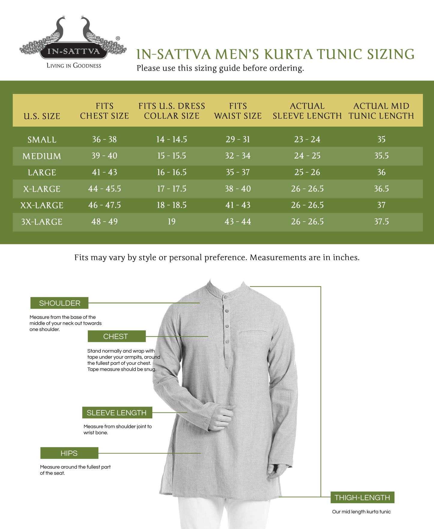 In-Sattva Men's Classic Cotton Checkered Sattva-Collar Thigh-Length Kurta Tunic; Checkered Green