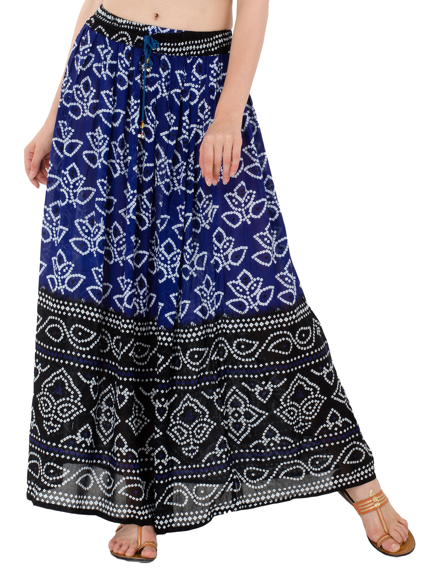 In-Sattva Women's Two-Tone Rangoli Print Handcrafted Ankle Length Maxi Skirt Blue