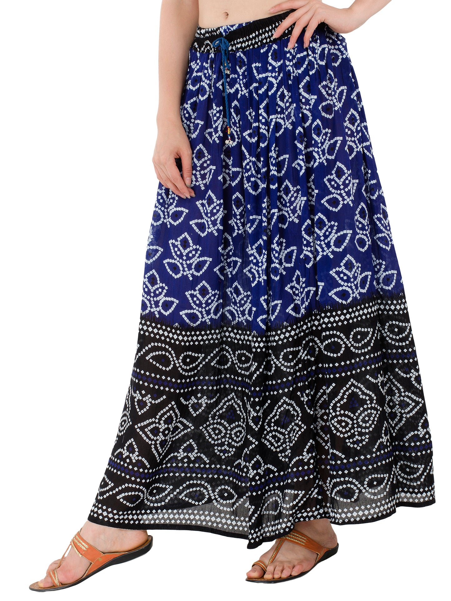 In-Sattva Women's Two-Tone Rangoli Print Handcrafted Ankle Length Maxi Skirt Blue