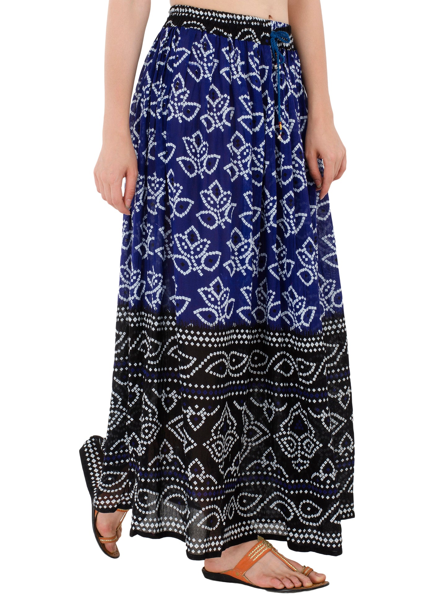 In-Sattva Women's Two-Tone Rangoli Print Handcrafted Ankle Length Maxi Skirt Blue