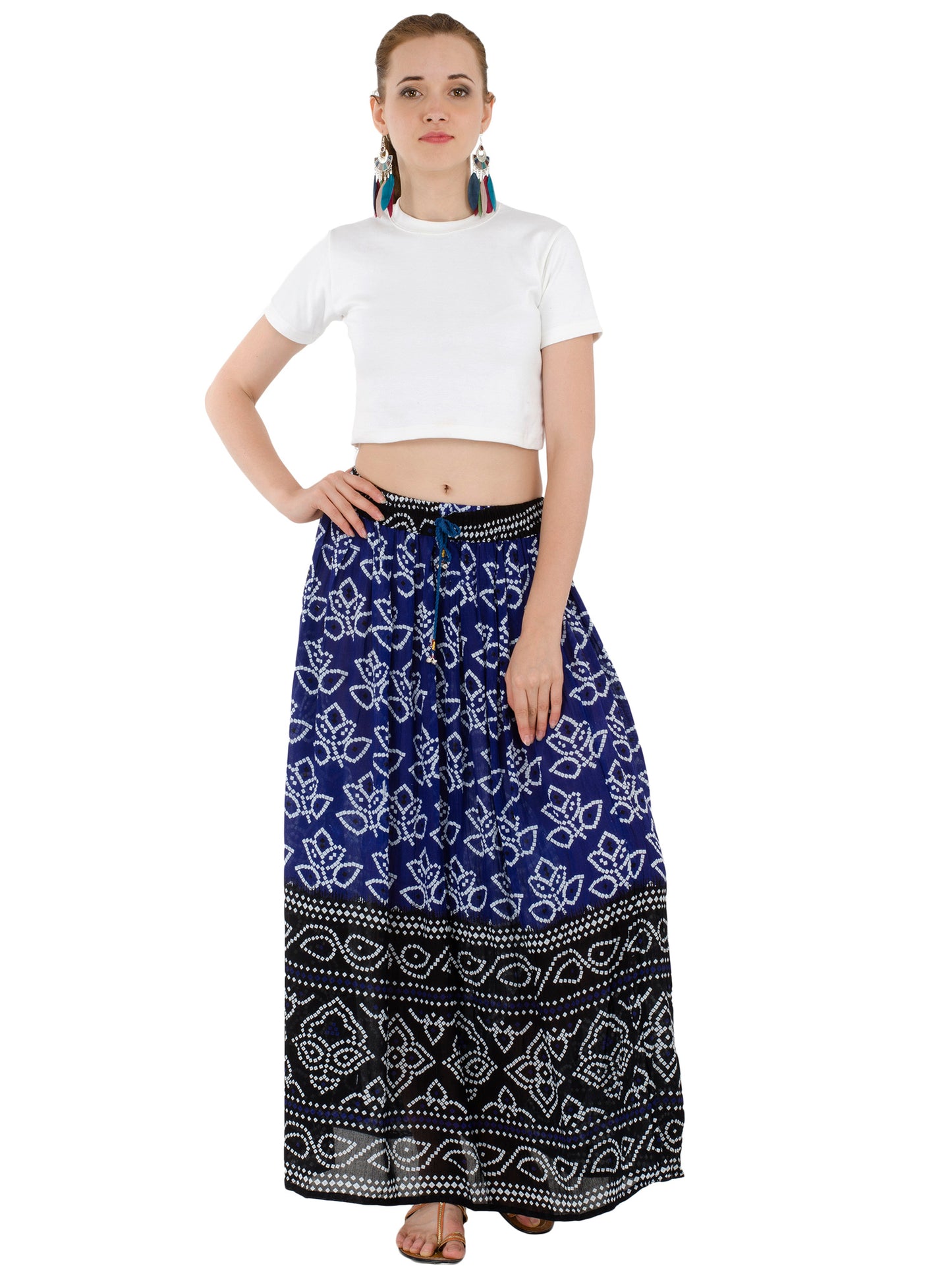 In-Sattva Women's Two-Tone Rangoli Print Handcrafted Ankle Length Maxi Skirt Blue