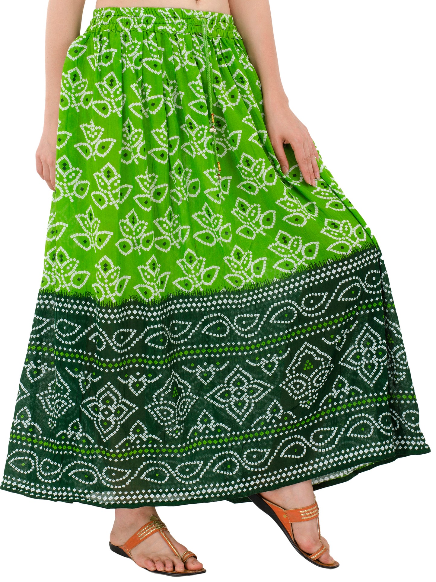 In-Sattva Women's Two-Tone Rangoli Print Handcrafted Ankle Length Maxi Skirt Green