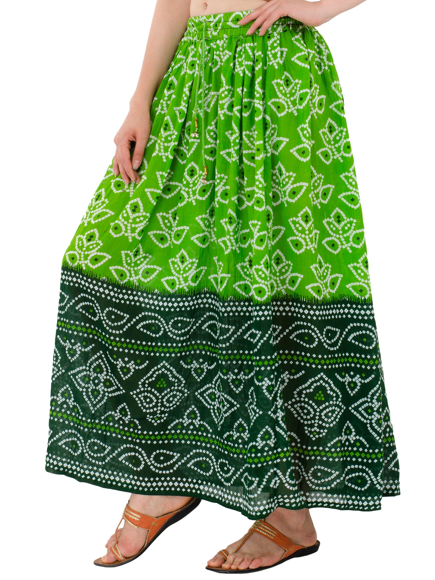 In-Sattva Women's Two-Tone Rangoli Print Handcrafted Ankle Length Maxi Skirt Green