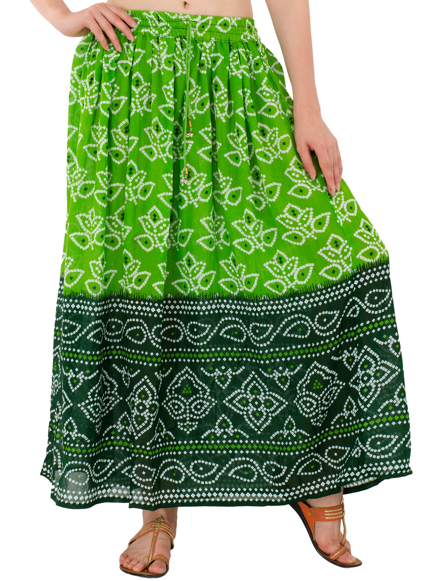 In-Sattva Women's Two-Tone Rangoli Print Handcrafted Ankle Length Maxi Skirt Green