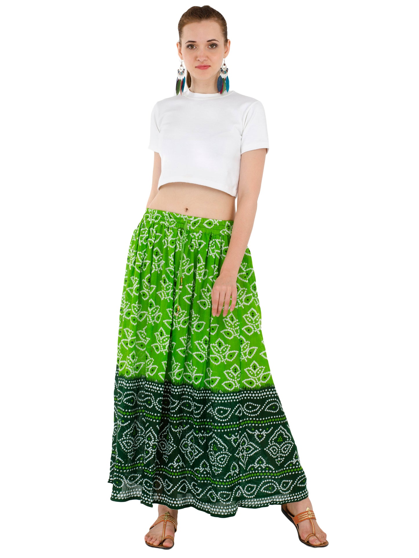In-Sattva Women's Two-Tone Rangoli Print Handcrafted Ankle Length Maxi Skirt Green