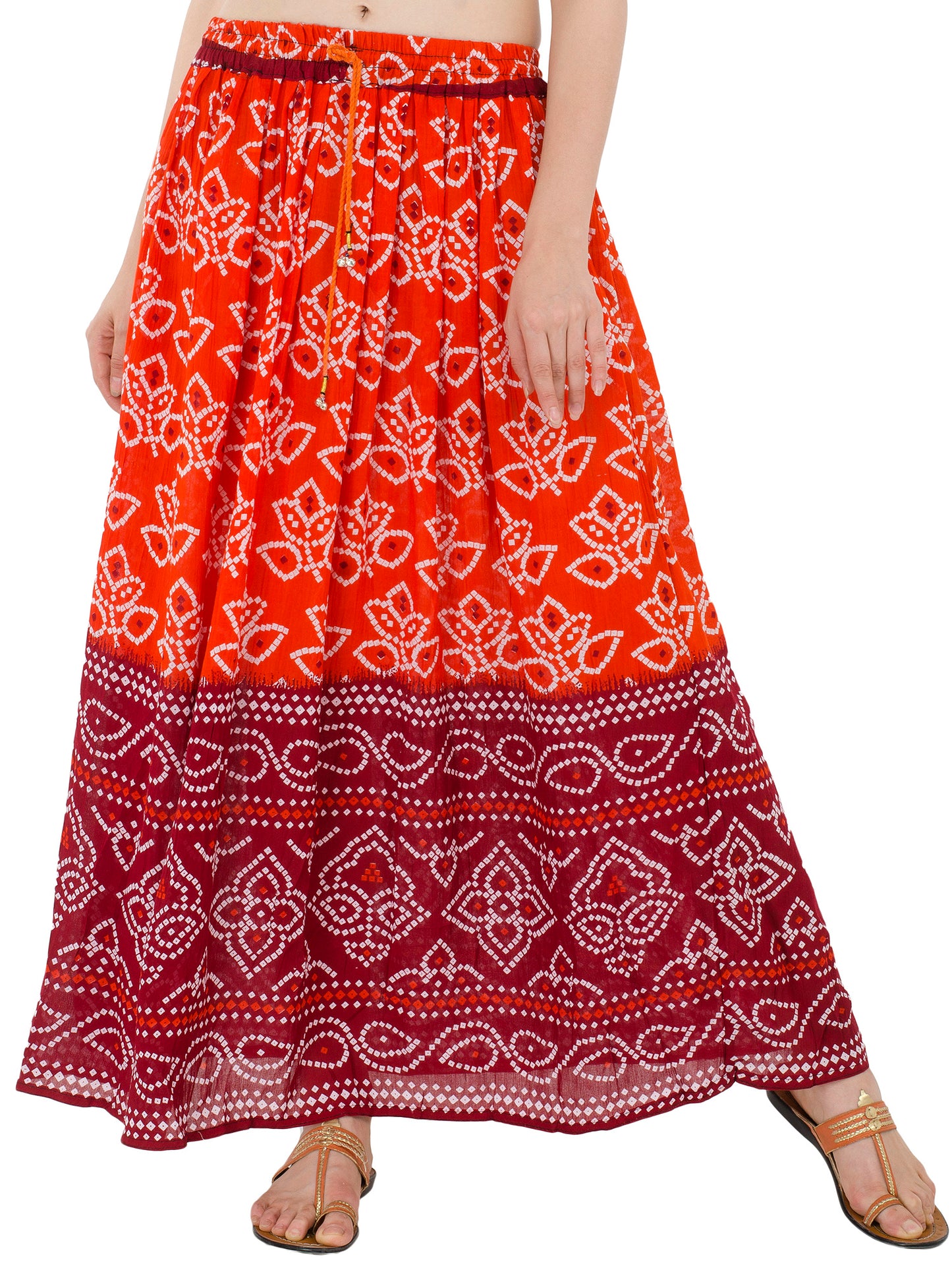 In-Sattva Women's Two-Tone Rangoli Print Handcrafted Ankle Length Maxi Skirt Orange