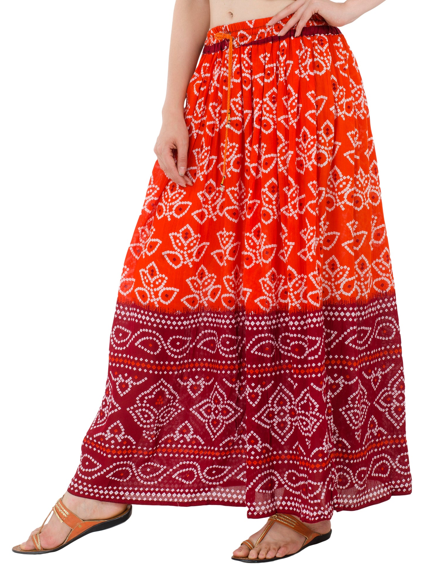 In-Sattva Women's Two-Tone Rangoli Print Handcrafted Ankle Length Maxi Skirt Orange