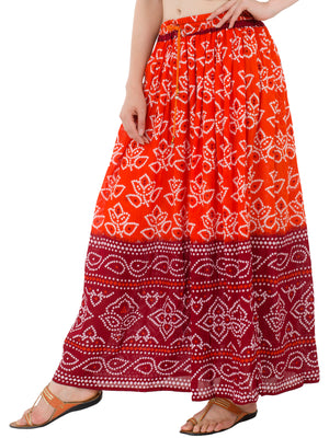 In-Sattva Women's Two-Tone Rangoli Print Handcrafted Ankle Length Maxi Skirt Orange