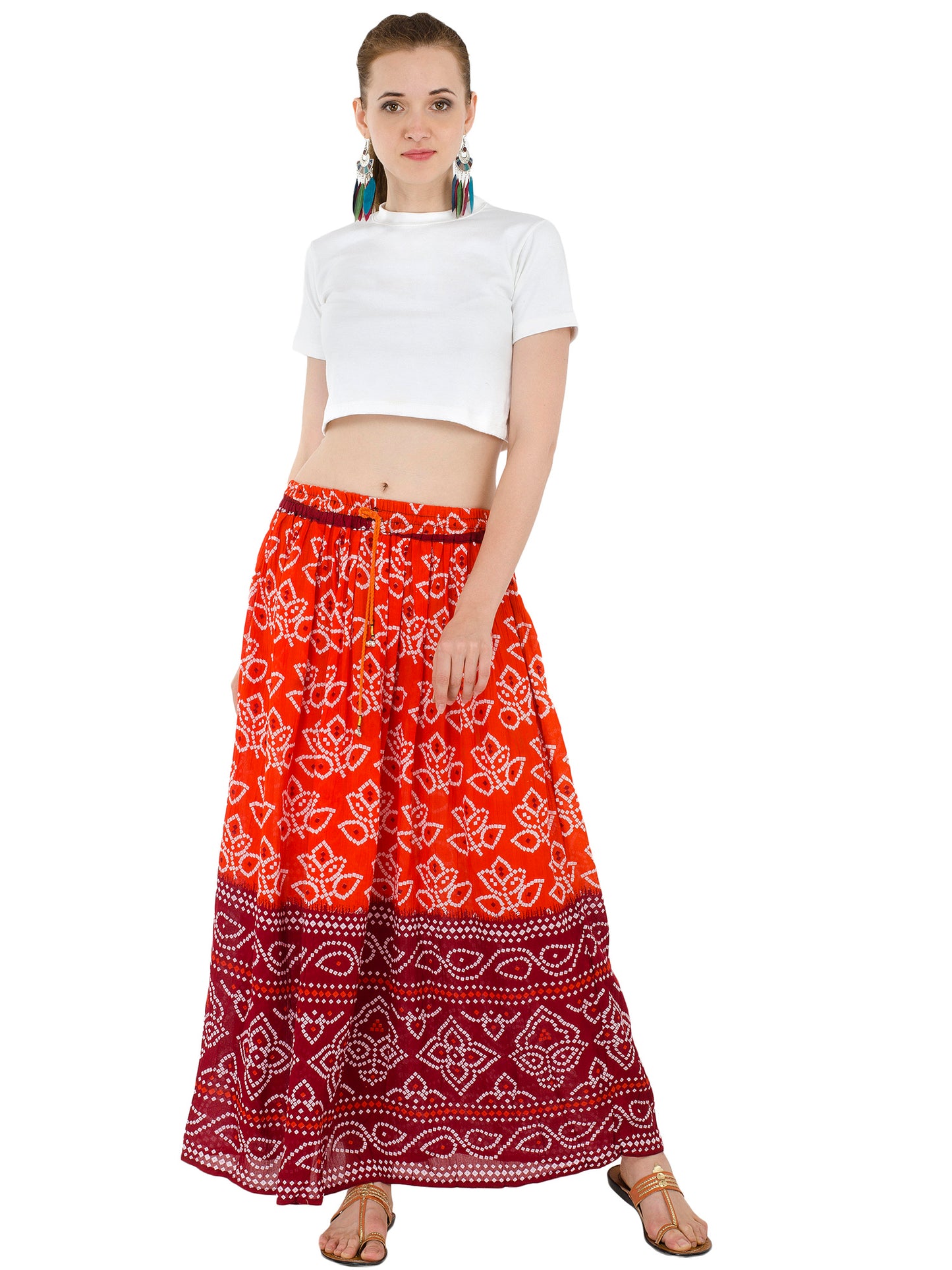 In-Sattva Women's Two-Tone Rangoli Print Handcrafted Ankle Length Maxi Skirt Orange