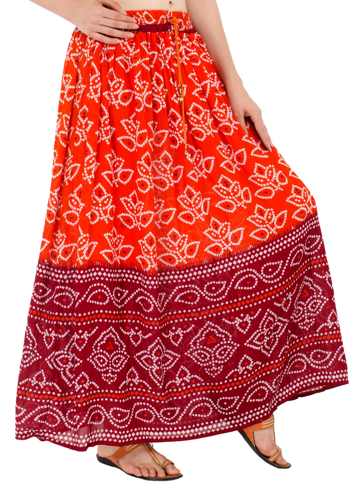 In-Sattva Women's Two-Tone Rangoli Print Handcrafted Ankle Length Maxi Skirt Orange