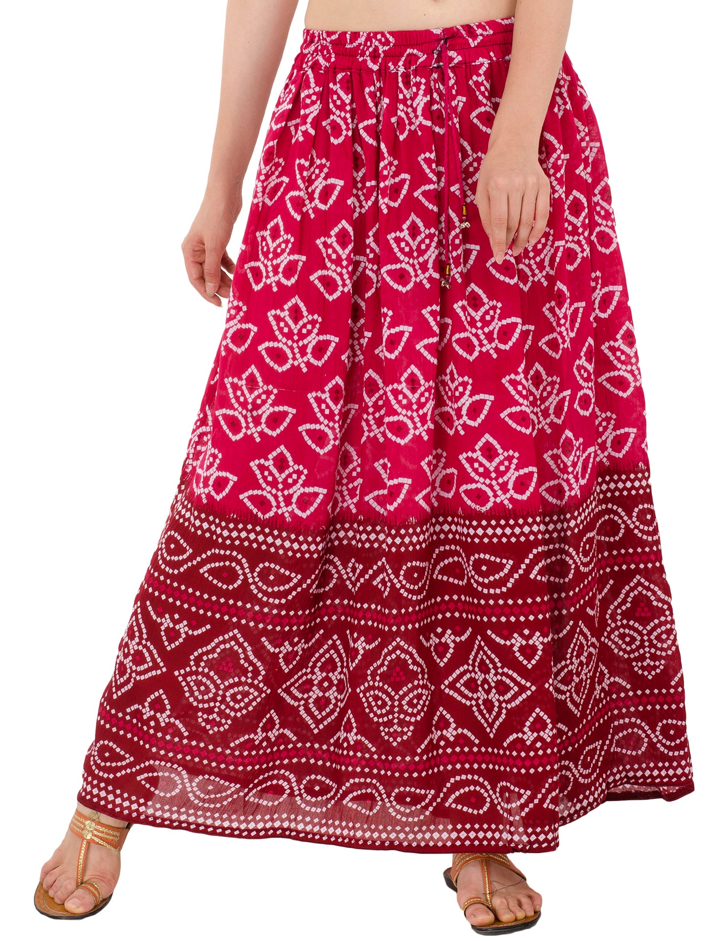 In-Sattva Women's Two-Tone Rangoli Print Handcrafted Ankle Length Maxi Skirt Pink