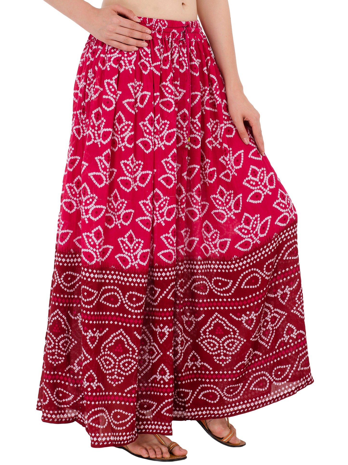In-Sattva Women's Two-Tone Rangoli Print Handcrafted Ankle Length Maxi Skirt Pink