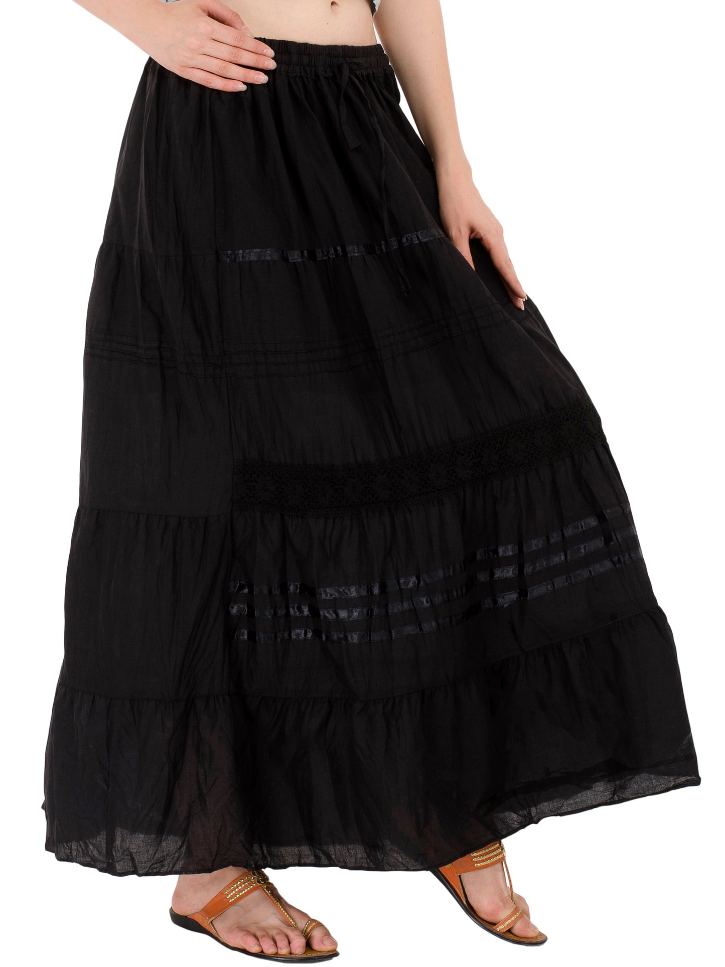 In-Sattva Women's Solid Color Cinched Bohemian Ankle Length Maxi Skirt Black