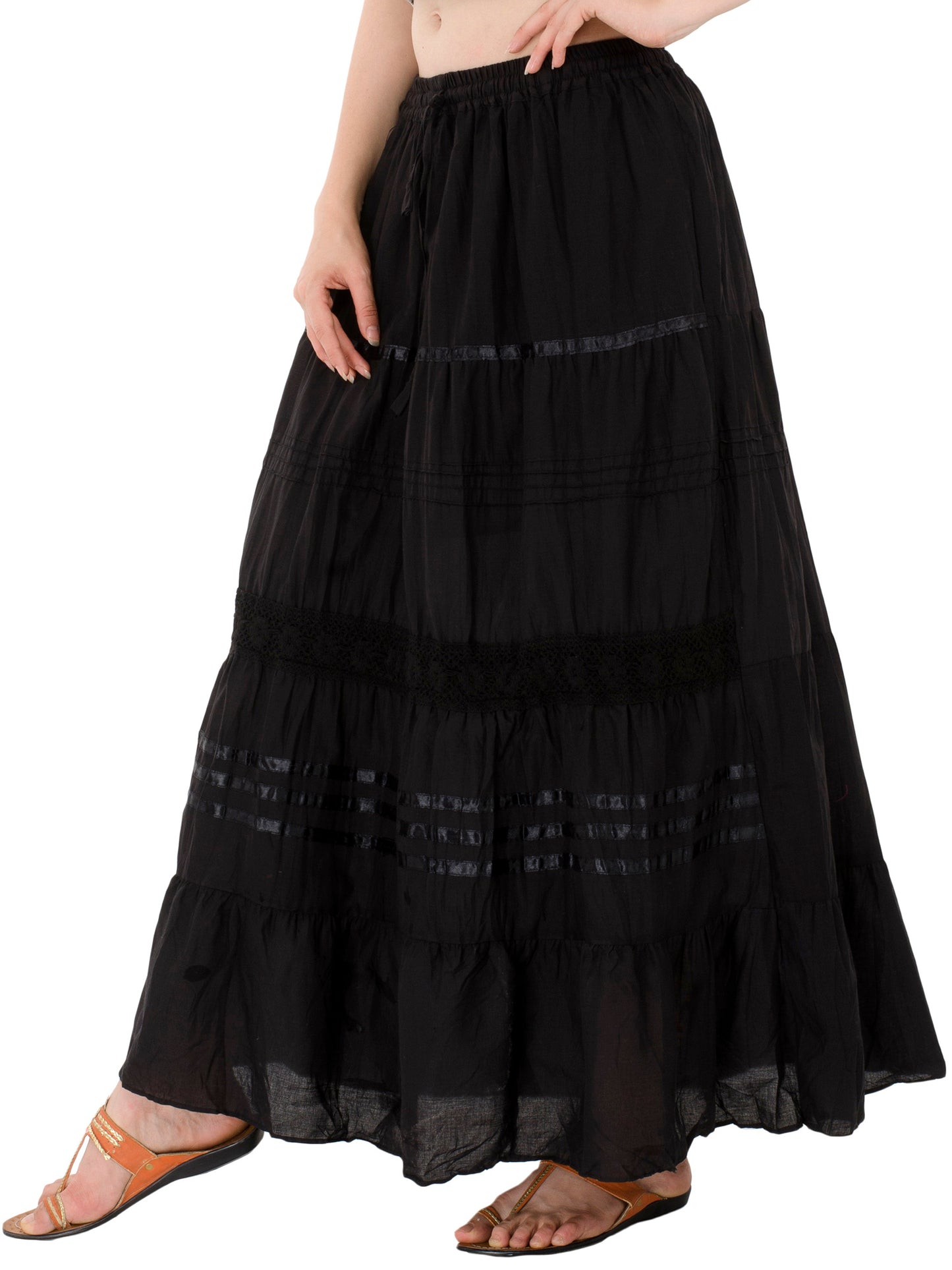 In-Sattva Women's Solid Color Cinched Bohemian Ankle Length Maxi Skirt Black