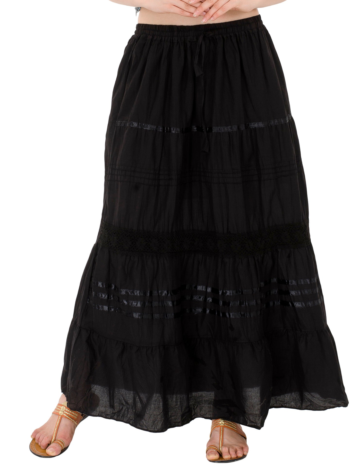 In-Sattva Women's Solid Color Cinched Bohemian Ankle Length Maxi Skirt Black