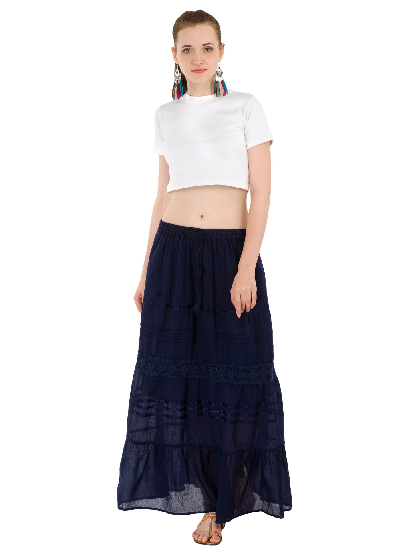 In-Sattva Women's Solid Color Cinched Bohemian Ankle Length Maxi Skirt Blue