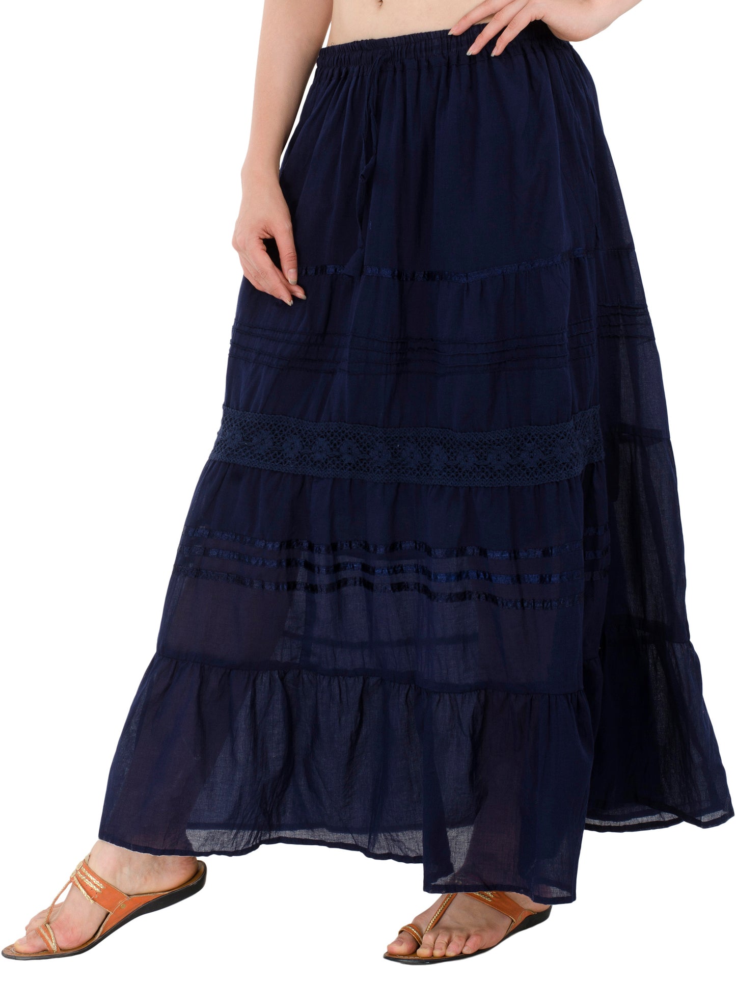 In-Sattva Women's Solid Color Cinched Bohemian Ankle Length Maxi Skirt Blue
