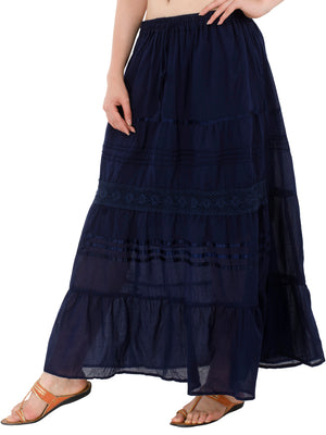 In-Sattva Women's Solid Color Cinched Bohemian Ankle Length Maxi Skirt Blue