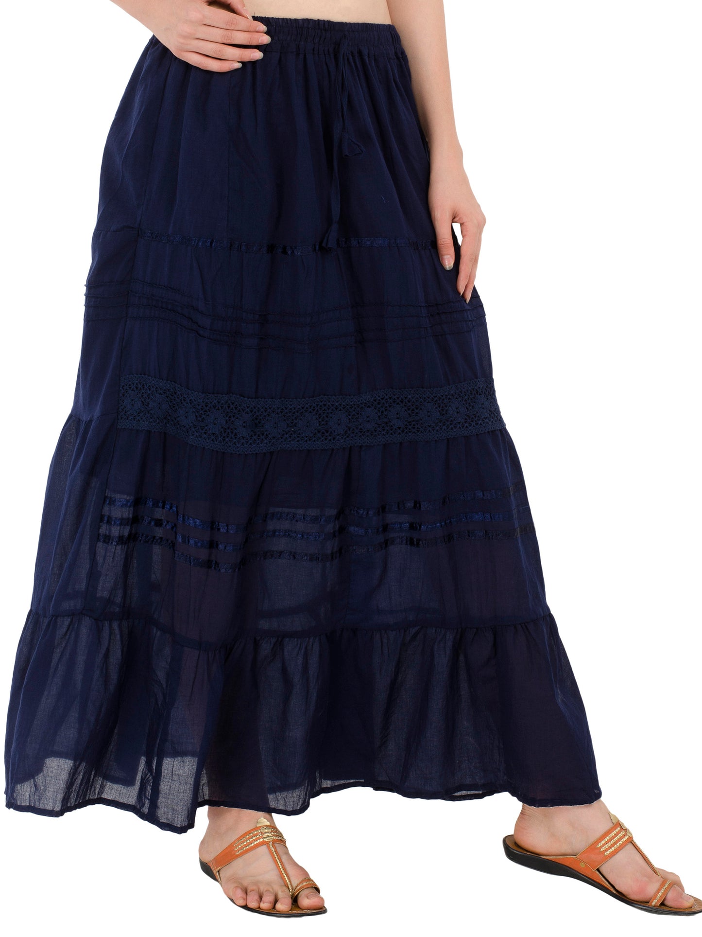 In-Sattva Women's Solid Color Cinched Bohemian Ankle Length Maxi Skirt Blue
