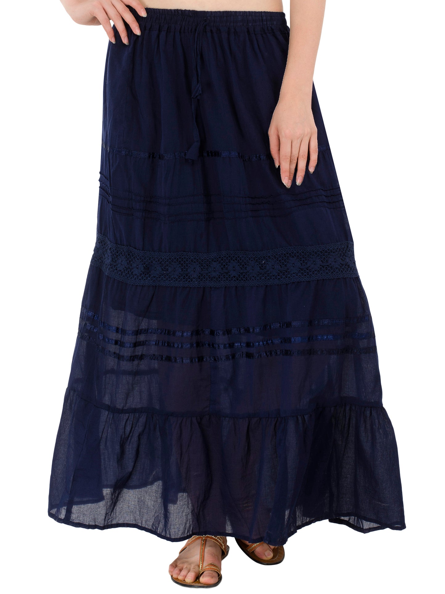 In-Sattva Women's Solid Color Cinched Bohemian Ankle Length Maxi Skirt Blue