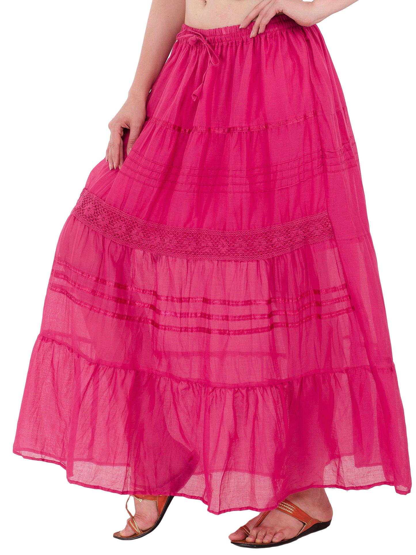 In-Sattva Women's Solid Color Cinched Bohemian Ankle Length Maxi Skirt Pink