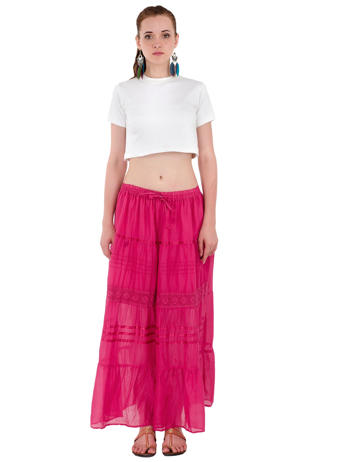 In-Sattva Women's Solid Color Cinched Bohemian Ankle Length Maxi Skirt Pink