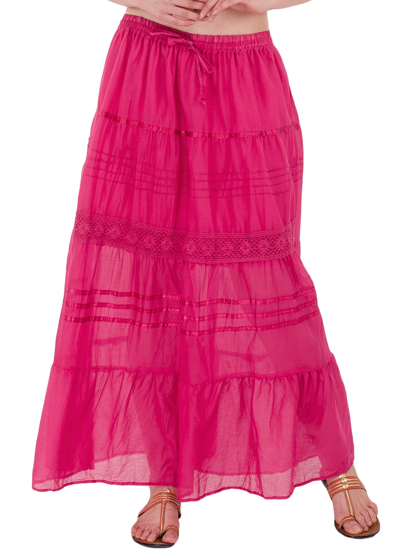 In-Sattva Women's Solid Color Cinched Bohemian Ankle Length Maxi Skirt Pink