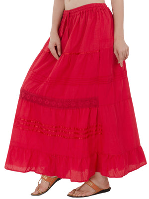 In-Sattva Women's Solid Color Cinched Bohemian Ankle Length Maxi Skirt Red