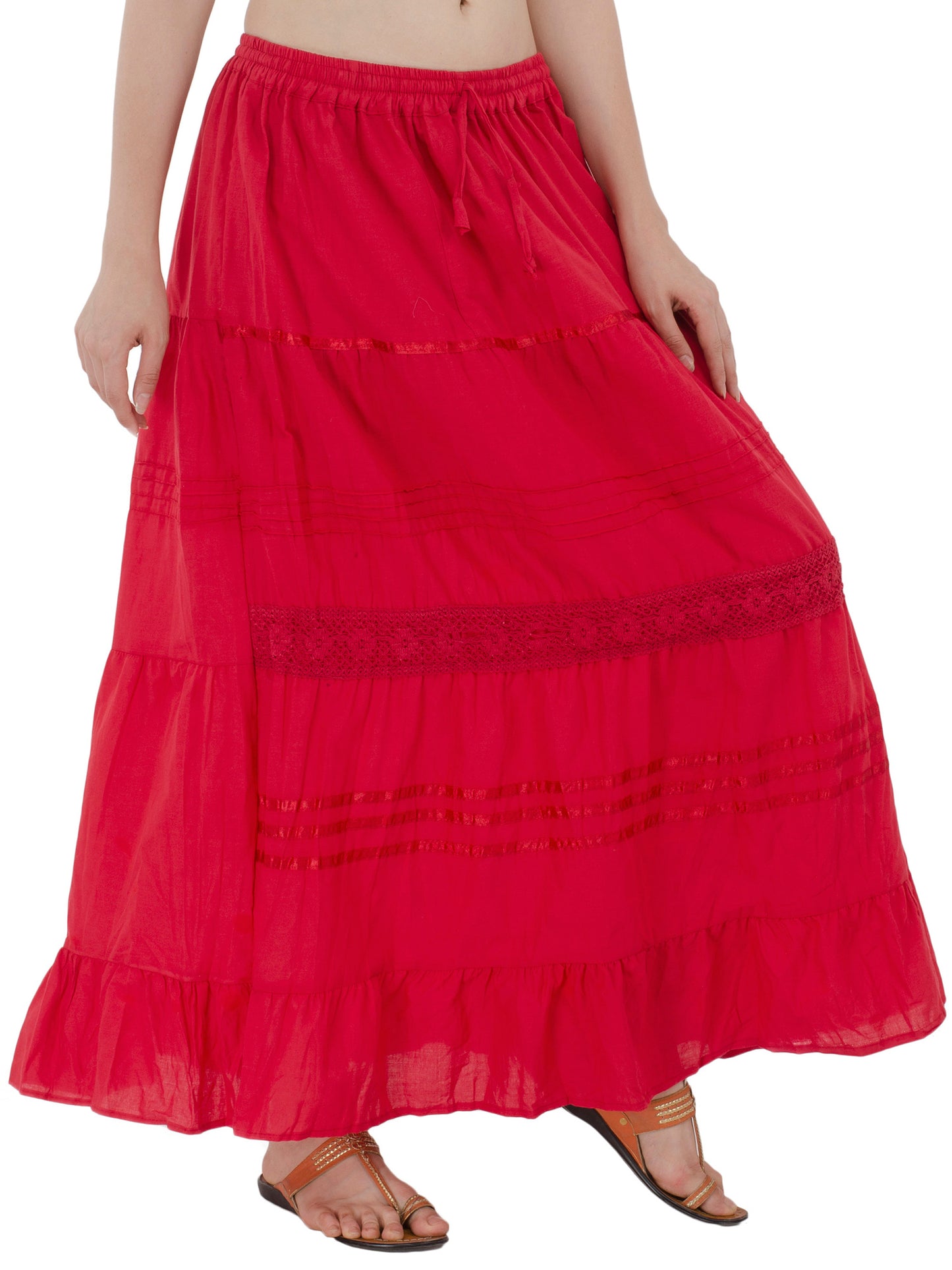 In-Sattva Women's Solid Color Cinched Bohemian Ankle Length Maxi Skirt Red