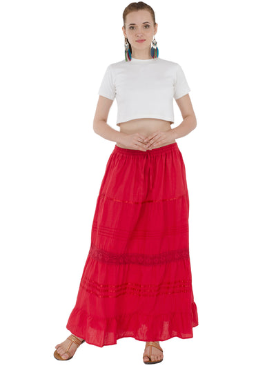 In-Sattva Women's Solid Color Cinched Bohemian Ankle Length Maxi Skirt Red