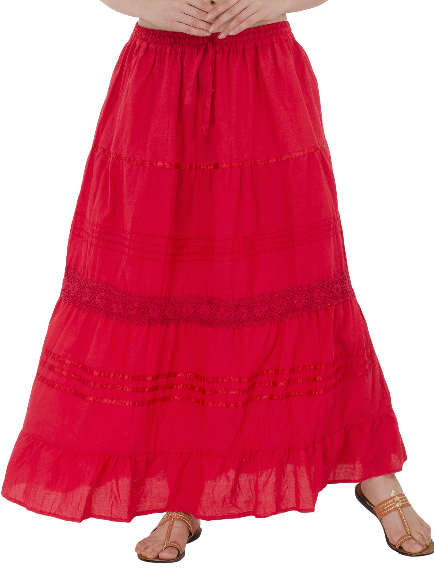In-Sattva Women's Solid Color Cinched Bohemian Ankle Length Maxi Skirt Red