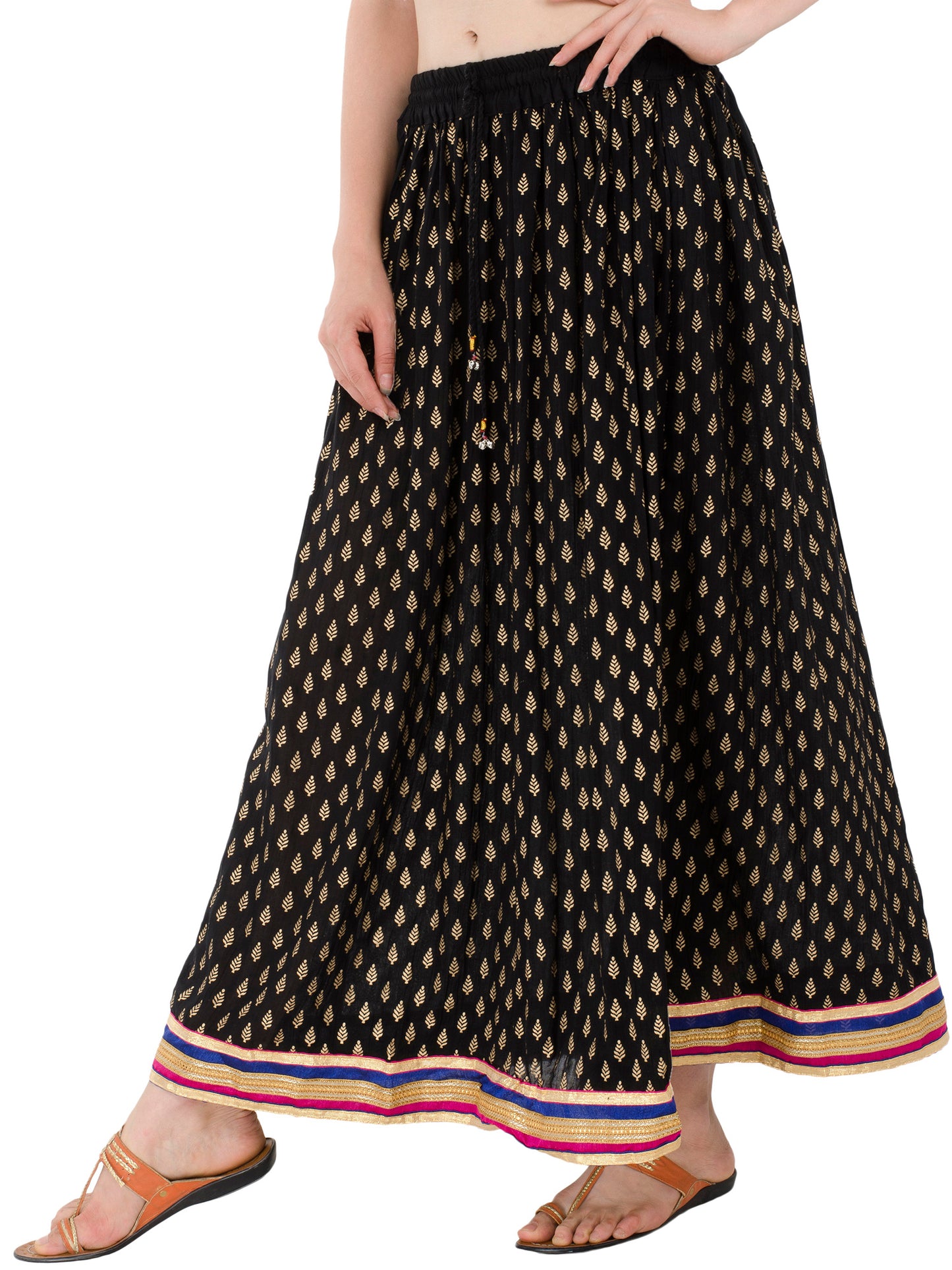 In-Sattva Women's Handcrafted Elegant Festive Print Ankle Length Maxi Skirt Black