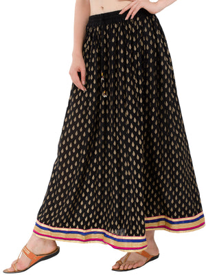 In-Sattva Women's Handcrafted Elegant Festive Print Ankle Length Maxi Skirt Black