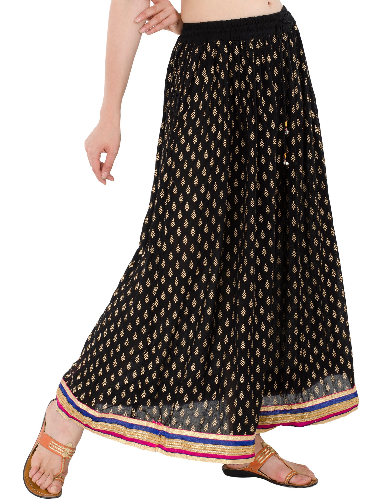 In-Sattva Women's Handcrafted Elegant Festive Print Ankle Length Maxi Skirt Black