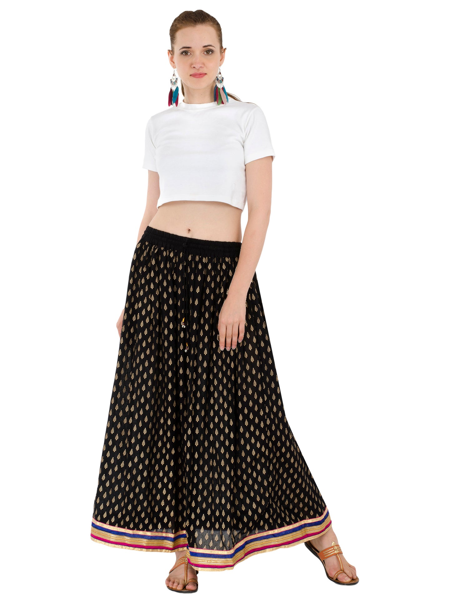 In-Sattva Women's Handcrafted Elegant Festive Print Ankle Length Maxi Skirt Black