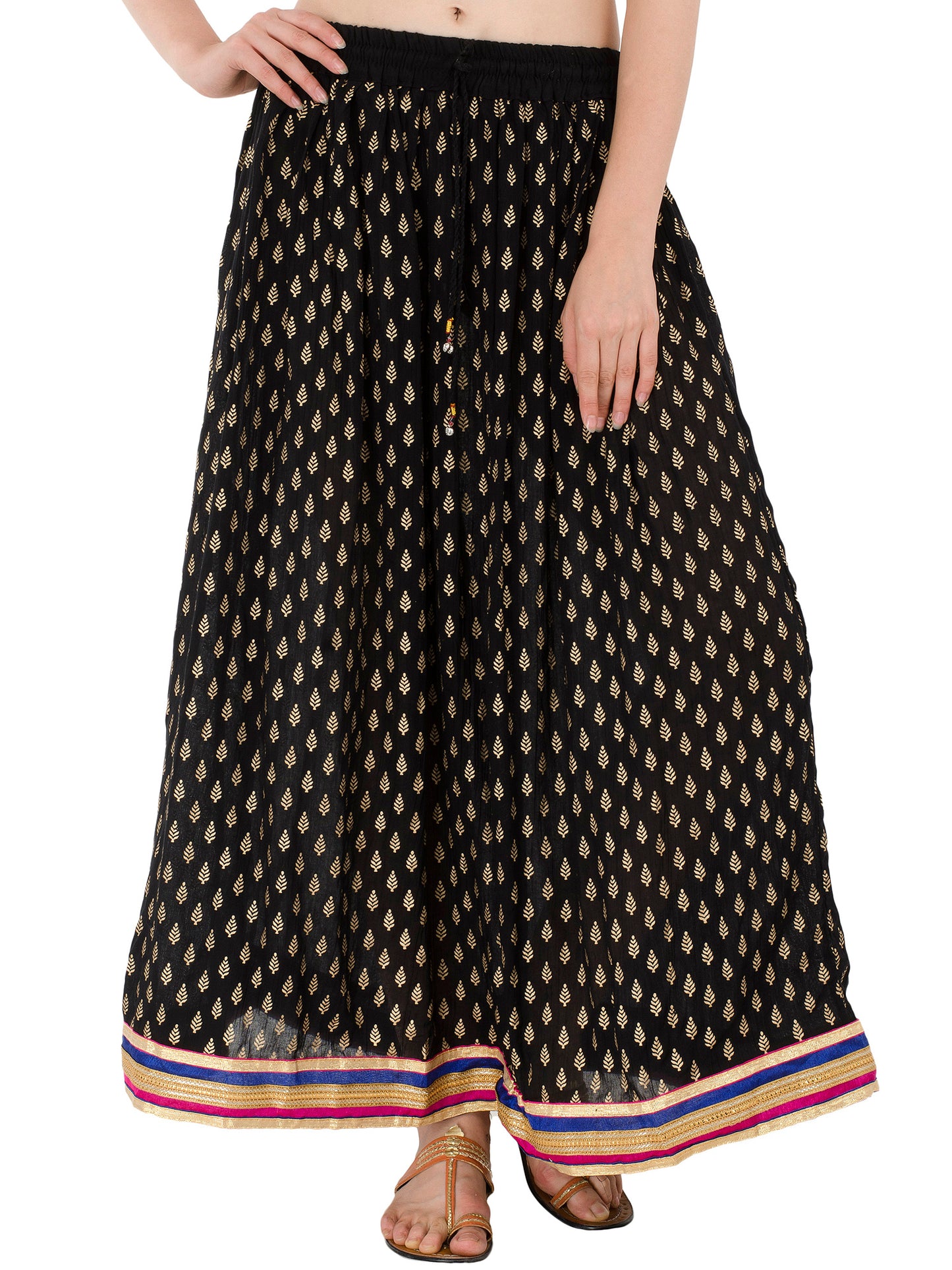 In-Sattva Women's Handcrafted Elegant Festive Print Ankle Length Maxi Skirt Black