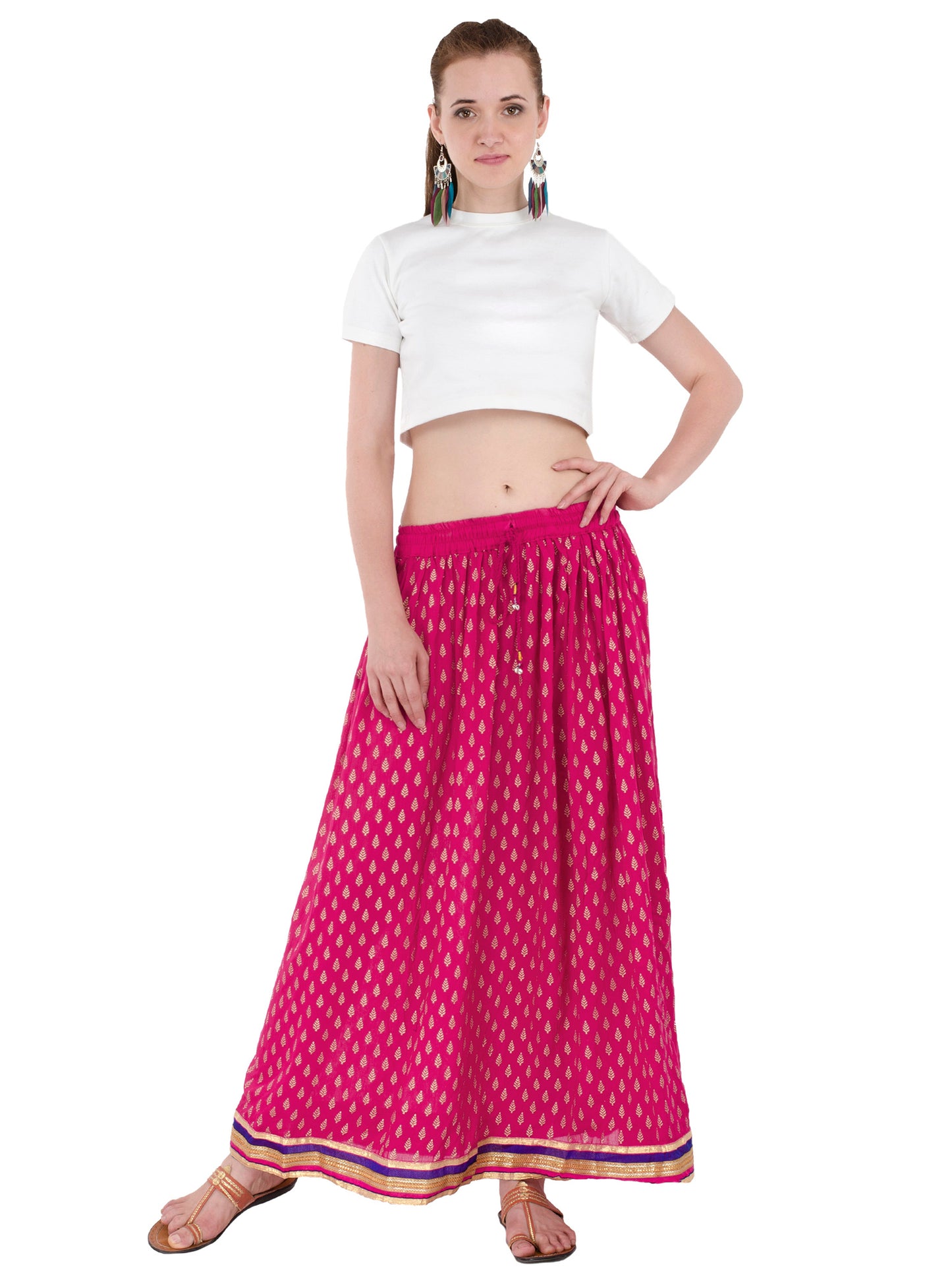 In-Sattva Women's Handcrafted Elegant Festive Print Ankle Length Maxi Skirt Pink