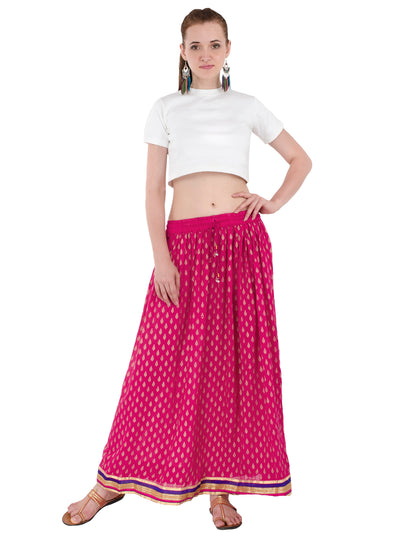 In-Sattva Women's Handcrafted Elegant Festive Print Ankle Length Maxi Skirt Pink