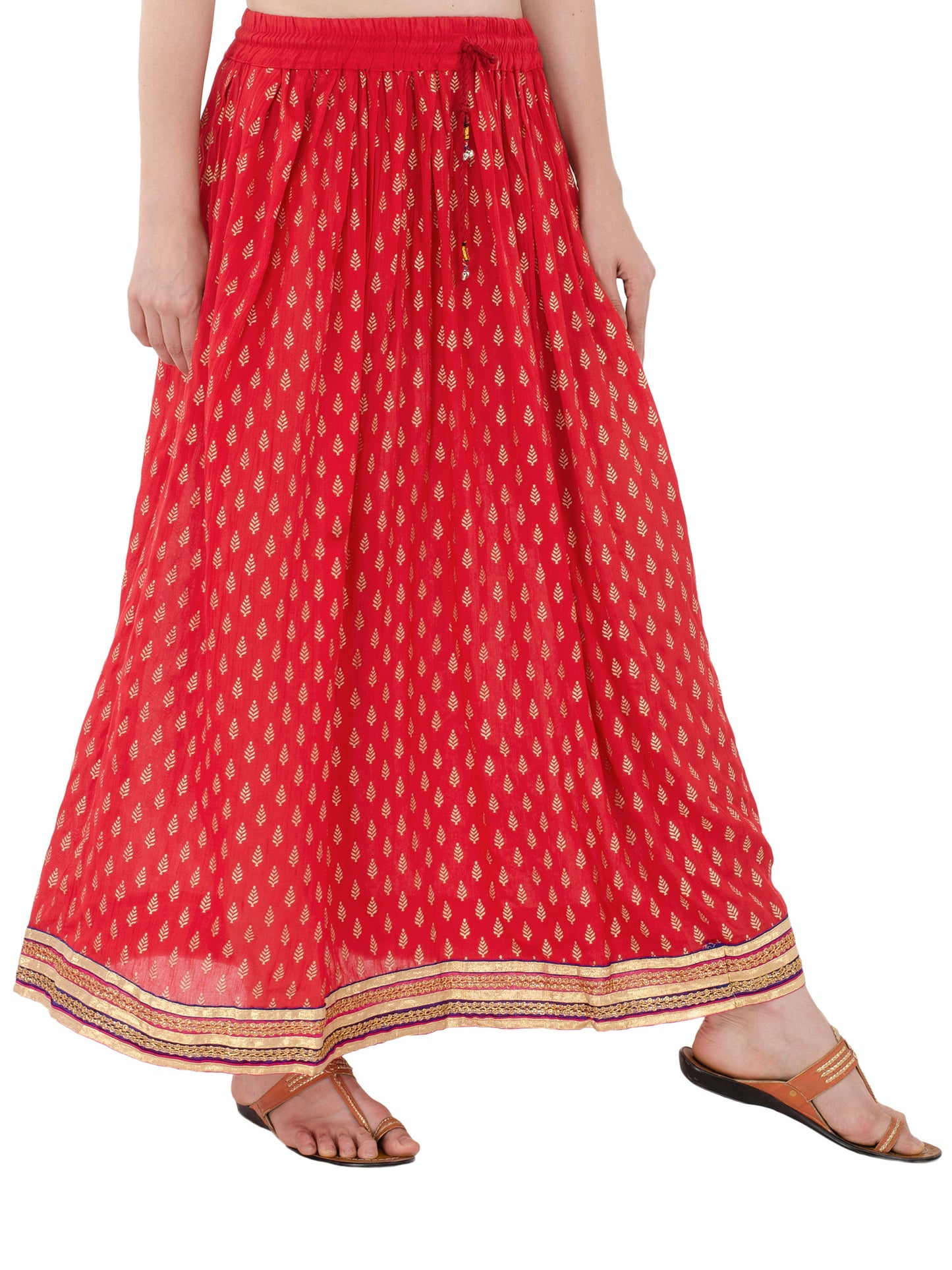 In-Sattva Women's Handcrafted Elegant Festive Print Ankle Length Maxi Skirt Red