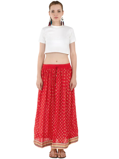 In-Sattva Women's Handcrafted Elegant Festive Print Ankle Length Maxi Skirt Red