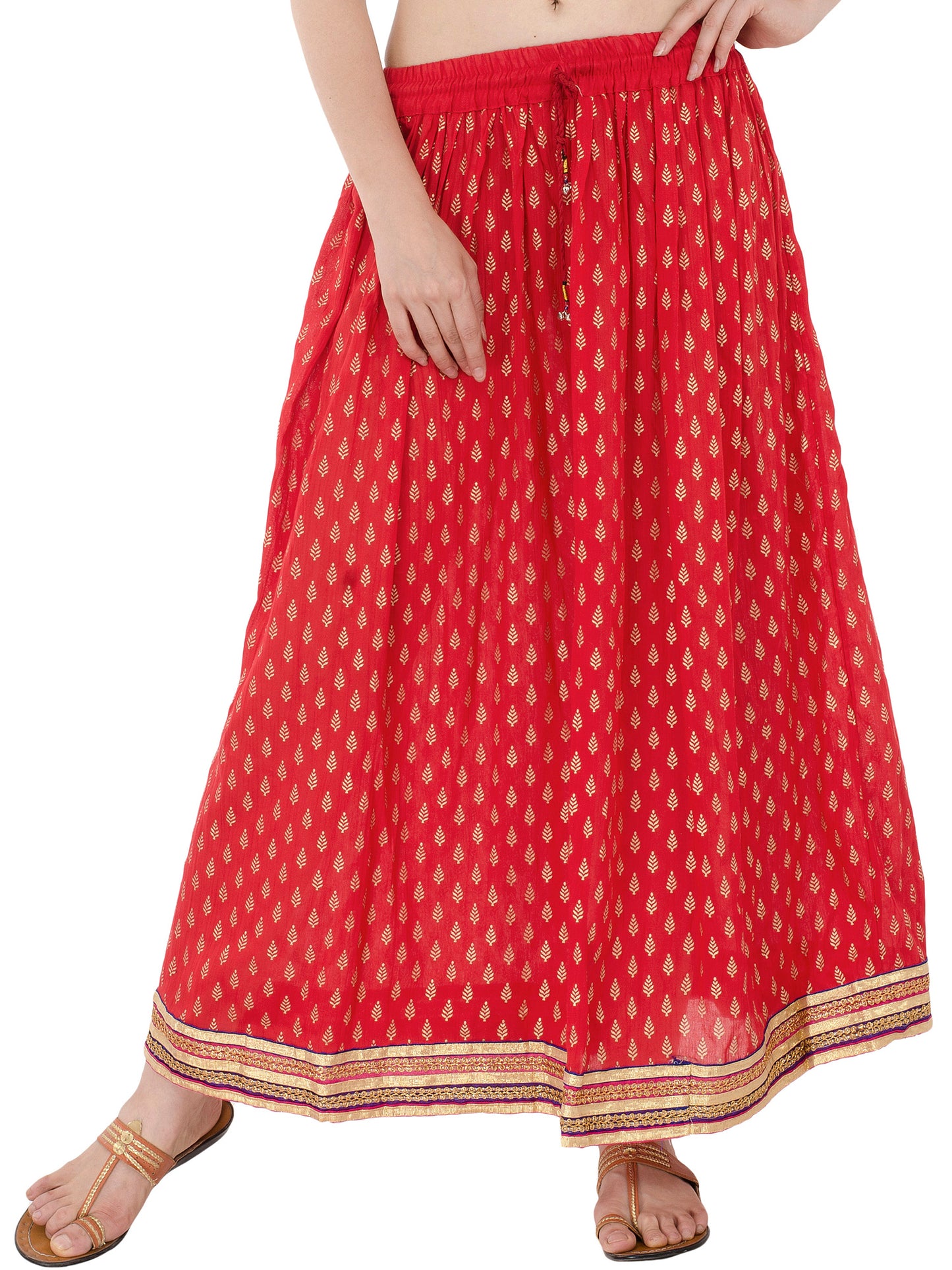 In-Sattva Women's Handcrafted Elegant Festive Print Ankle Length Maxi Skirt Red