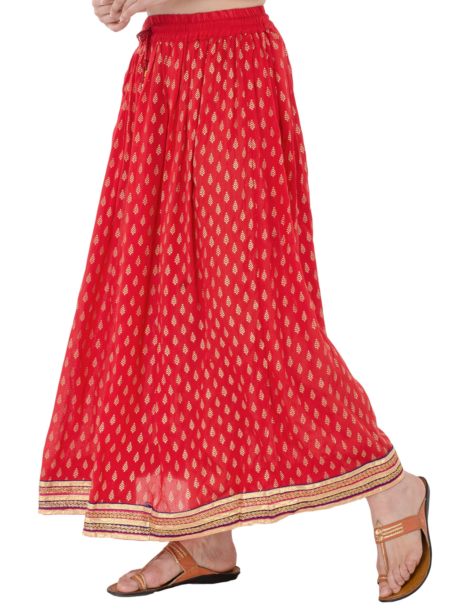 In-Sattva Women's Handcrafted Elegant Festive Print Ankle Length Maxi Skirt Red