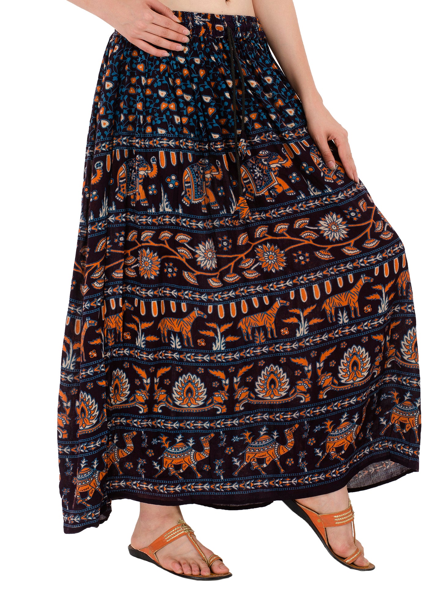 In-Sattva Women's Handcrafted Rajasthan Palace Print Ankle Length Maxi Skirt Blue